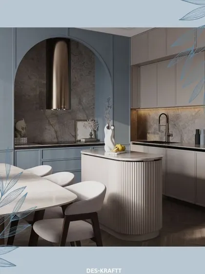This overhead view highlights the curved lines of the fluted island and dining table, showcasing a design that is soft, modern, and highly functional.