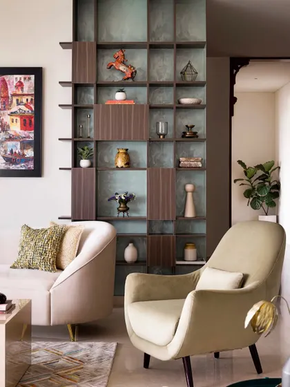 A full view of the open-closed shelving unit, showcasing how it displays a curated collection of items that summarize the home's soul.