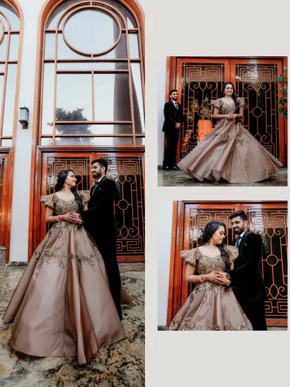 A collage of portraits from an engagement shoot, showcasing the couple's elegant outfits and the grand architecture of their venue.