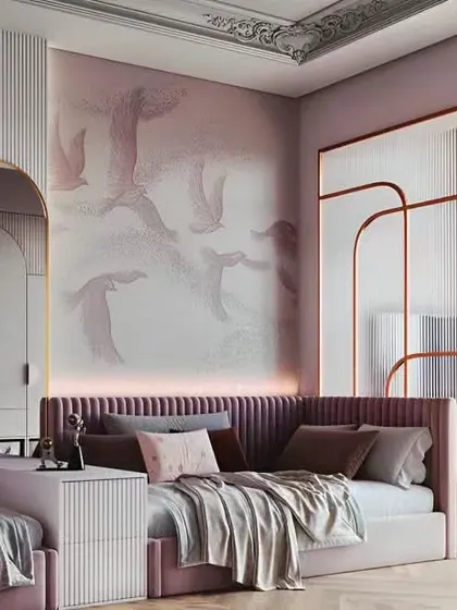 A sophisticated shared girls' room with a dusty pink and mauve color palette. The design features upholstered beds and a decorative partition screen for a touch of elegance.