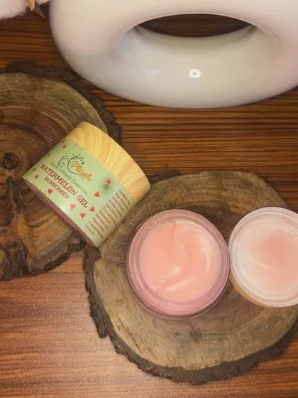 A top-down view of the beautiful texture of my Watermelon Gel Sunscreen. It's infused with watermelon extract and advanced UV-blocking agents.