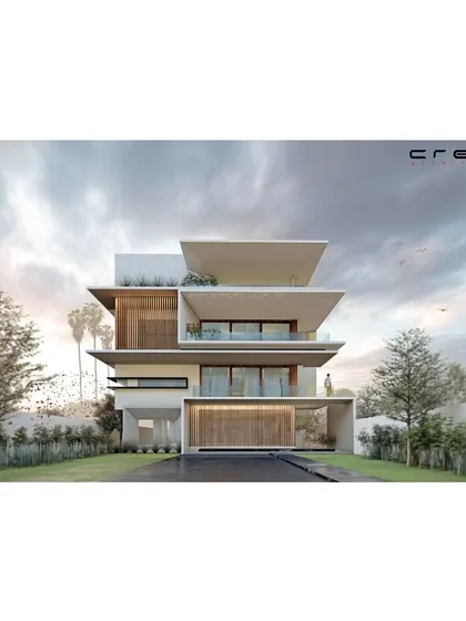 The 'Uday Residence' is an upcoming project featuring stacked horizontal planes and deep terraces. This render showcases a design that maximizes outdoor living space and creates a strong connection to the sky and surroundings.