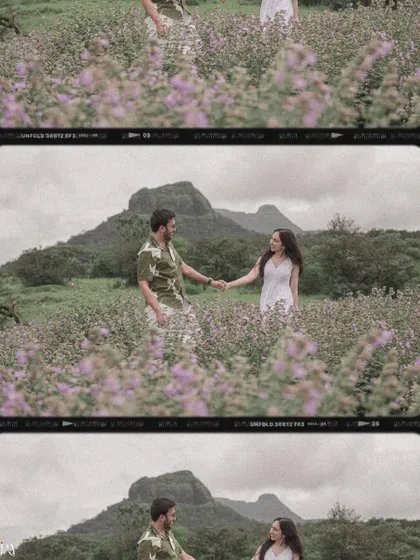 A collage showing the couple against the backdrop of the mountains, surrounded by flowers.