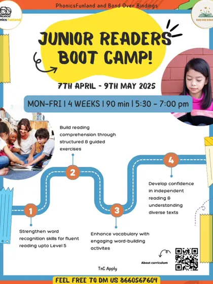 This summer, join our engaging Phonics & Reader Fluency Boot Camp. This poster details the curriculum for our Junior Readers batch, designed to build a strong foundation for literacy in a fun way.