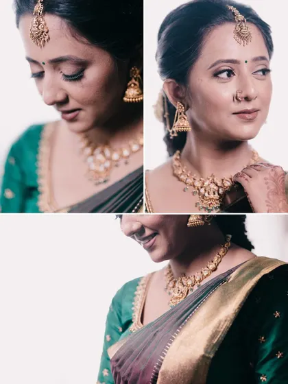 A collage of a bride's pre-engagement portraits, capturing her serene expressions and beautiful jewelry.
