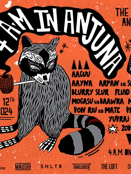 An afterparty in Anjuna, Goa, with a massive lineup of fine DJs. The party starts at 4 a.m. and goes on, true to the Goa spirit.