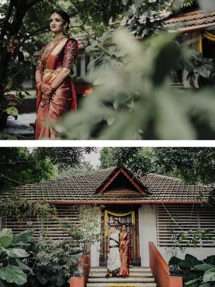 This collage combines a beautiful bridal portrait with a shot of the couple standing together in front of a traditional home. It tells a story of individual grace and shared beginnings.