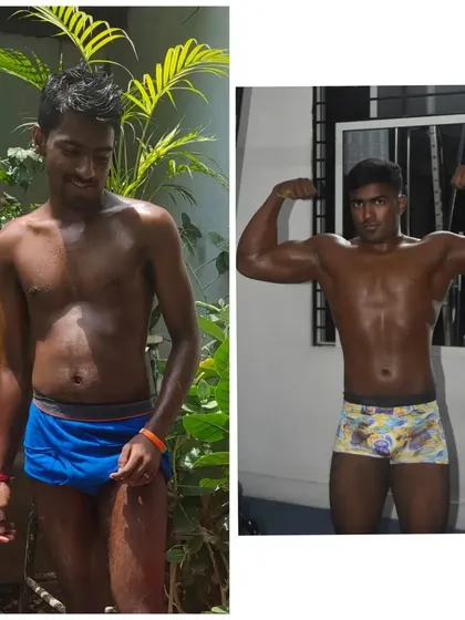 A front-view comparison of a one-month transformation. Notice the visible muscle gain in the biceps and chest, showing what's possible with a dedicated program.