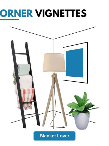 An example of how to style a corner for a "Blanket Lover". A decorative ladder provides stylish storage for throws, paired with a floor lamp and a plant to create a cozy reading spot.