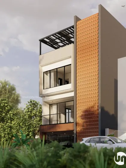 A subtly elegant elevation where the focus is on simplicity and high-quality materials. The combination of a textured brick-patterned wall with smooth plaster and clean lines creates a refined and timeless atmosphere without any extravagance.