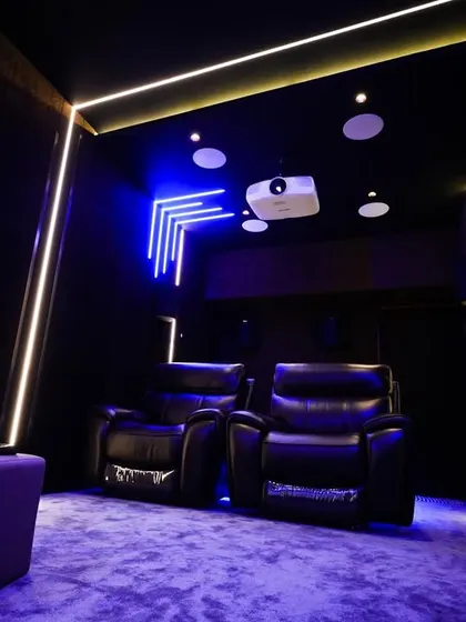 This wide shot shows the full layout of the Palani theater, with its unique lighting design and compact, efficient use of space.