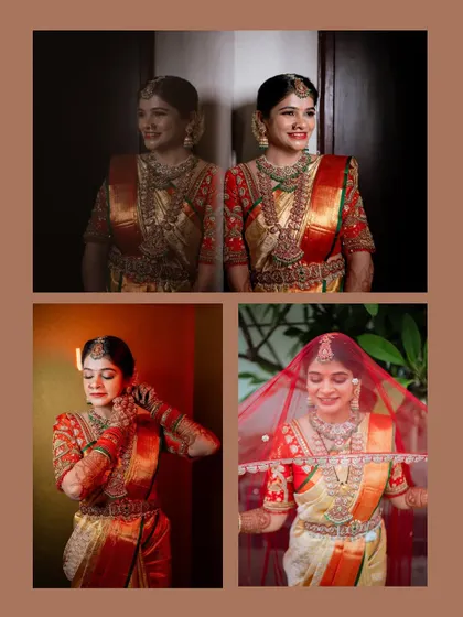 A collage of the bride in her red and gold wedding saree, capturing her from different angles and showcasing her radiant smile.