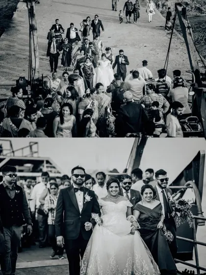 A black and white collage of the "Ferry Tale" wedding, showing the procession onto the ferry. This captures a unique part of their wedding day story.