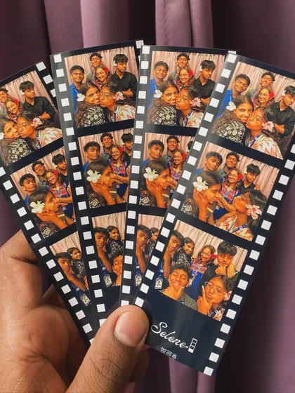 A handful of colorful photo strips with a film border, capturing fun moments with friends.