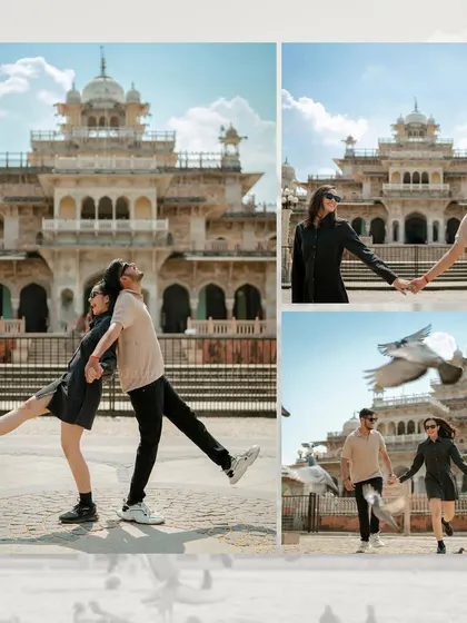A modern and fun pre-wedding shoot for a couple at Albert Hall Museum, capturing their playful energy and stylish outfits.