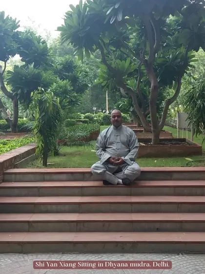 We also train the mind. Here I am sitting in Dhyana mudra, a meditation practice to calm the mind and cultivate inner peace. This is the "Xiu Xin Yang Shen" part of our training, to cultivate the heart and spirit.