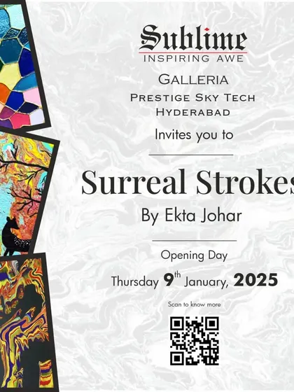 The official invitation for 'Surreal Strokes', showcasing a collage of Ekta Johar's vibrant and dreamlike paintings.