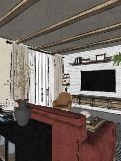 Another sketch-style render focusing on the living area, with a red sofa and a view towards the window.