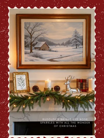Bring warmth and charm to your mantelpiece this holiday season. Here, I've used a silver reindeer sculpture, a golden photo frame, and some pine cones to create a classic Christmas look.
