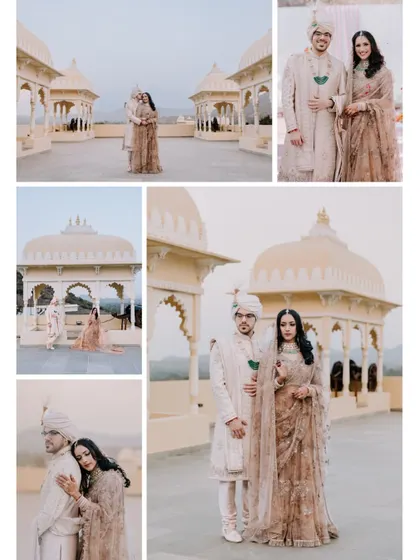 A collage of a couple's portraits taken on the rooftop of an Udaipur palace, showcasing their elegant outfits against the stunning architecture and landscape.