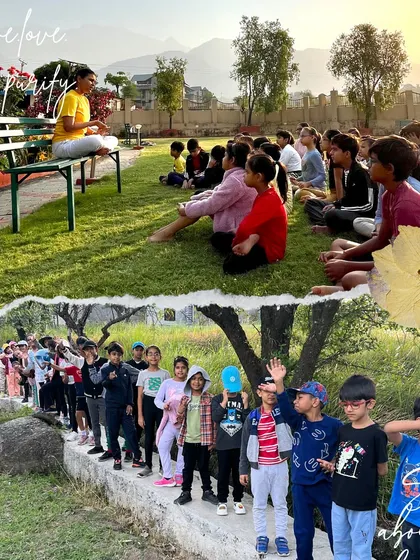 A collage showing children on a nature walk and in an outdoor class. We teach them to develop a love and respect for nature as part of their yogic journey.