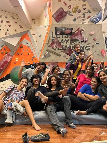 The amazing group from a "Climb Like a Woman" session we hosted. These guided workshops create a supportive, fun, and empowering space for women to get into bouldering.