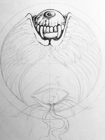 An alternate pencil sketch of the winged eye creature.