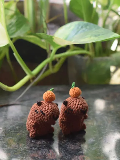 A pair of capybaras, each with a little orange on its head. This is a super cute and popular design, perfect as a desk buddy set.