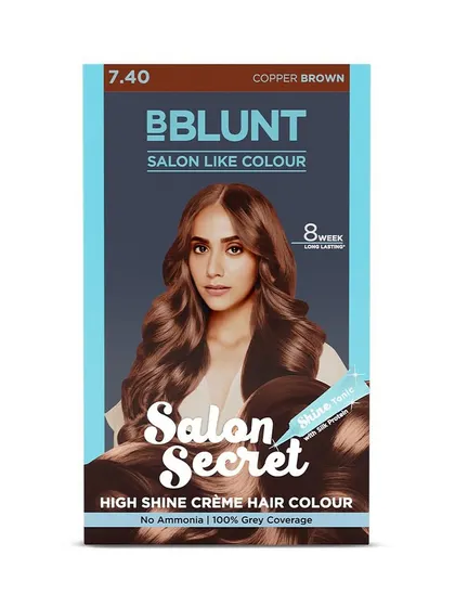 A packshot for BBlunt's 'Salon Secret' hair color in Copper Brown. This demonstrates my work in creating consistent, high-quality images across a full range of product variations.