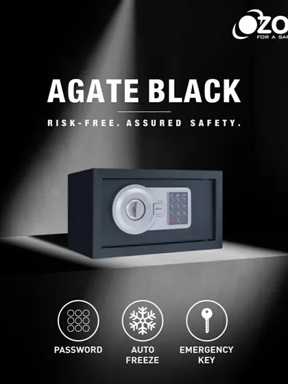 The Agate Black safe offers risk-free, assured safety with its robust build and multiple access modes. It features password protection, an auto-freeze function, and an emergency key, all backed by a 24-month warranty.