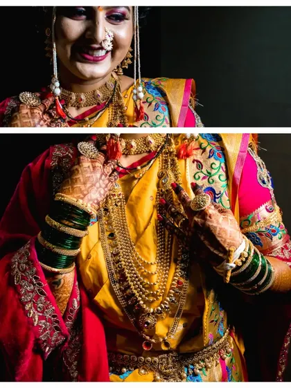 A collage focusing on the rich layers of the bride's gold jewelry and the vibrant colors of her wedding saree.