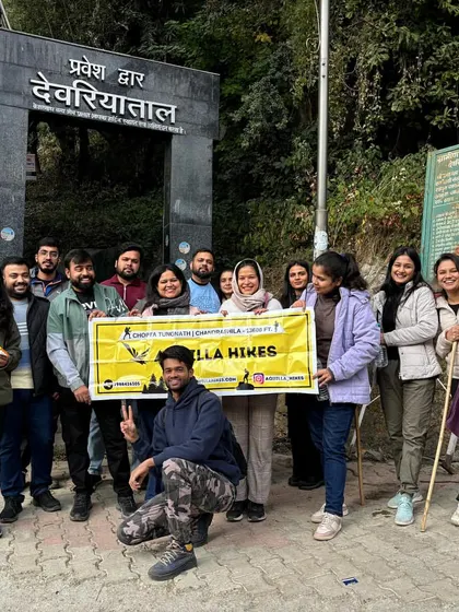 A beautiful group photo at the entrance of the Deoriatal trek. Some journeys are more beautiful than the destinations, and this trek is one of them.