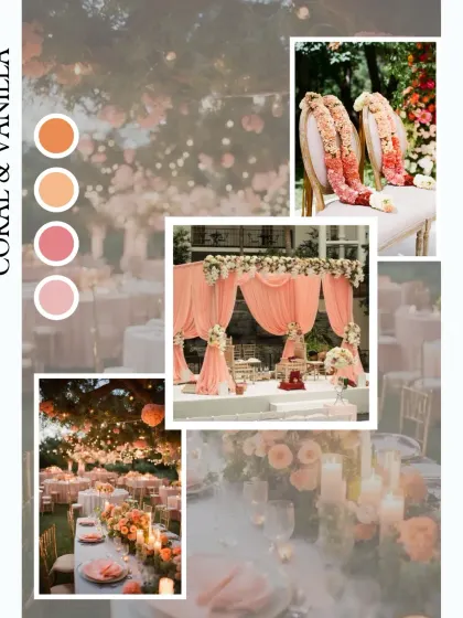 This mood board explores a 'Coral & Vanilla' color palette. The soft, warm, and effortlessly elegant tones are perfect for a dreamy and romantic daytime or sunset wedding ceremony.