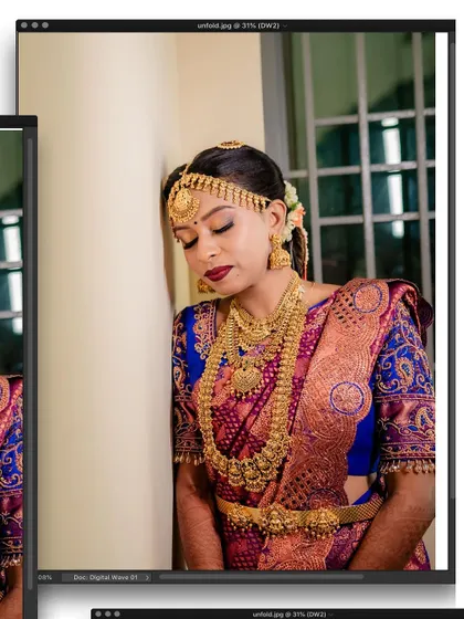 A serene portrait of a South Indian bride in her traditional saree and jewelry.
