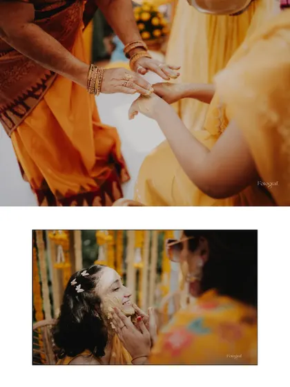 A collage showing the traditional side of the Haldi, with elders applying the paste as a blessing, and the bride enjoying the moment.