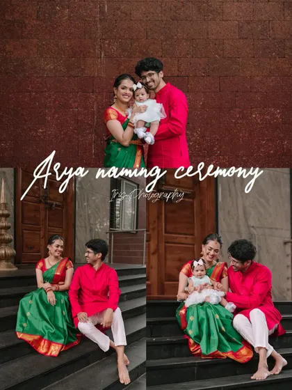 A collage from a naming ceremony, showing the new family of three. The parents are dressed in coordinating outfits and are pictured holding their baby and sitting together on steps.