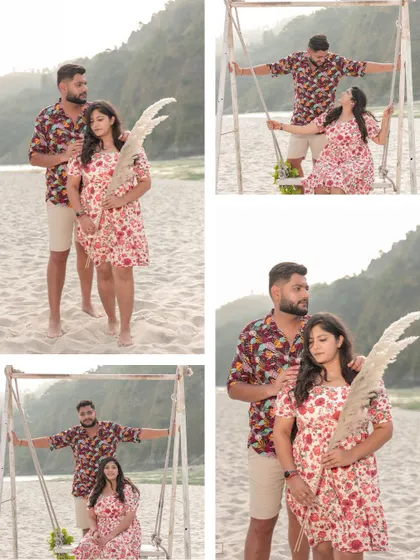 A collage of romantic moments on a sandy beach, featuring a rustic swing and pampas grass for a bohemian vibe.
