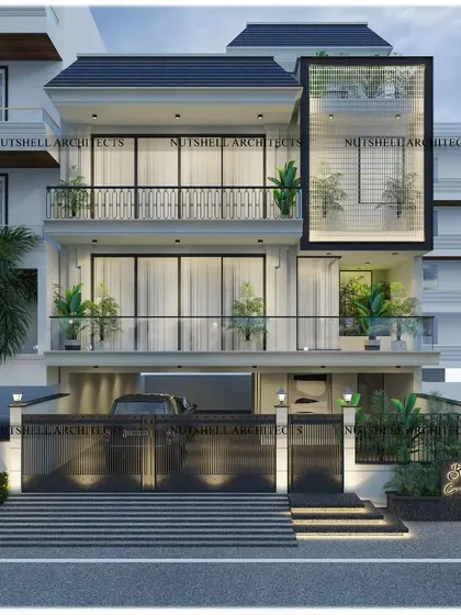 Our modern interpretation of French-inspired design for a residence in DLF Alameda. We replaced traditional roof tiles with sleek, zinc-clad tapering roofs and used a stone-textured paint to achieve a classic feel with clean, contemporary lines.