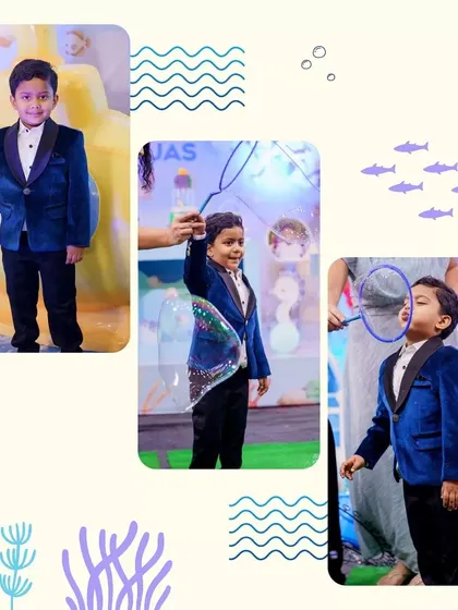A collage showing the birthday boy enjoying the bubble entertainment at his under-the-sea themed party.
