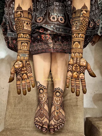 A full bridal set without human figures for a bride from Muscat, featuring a grid of personal symbols and traditional motifs.