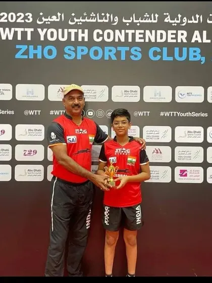 A moment of pride as our student Reyansh Jalan receives his trophy from Coach Krunal Telang at the WTT Youth Contender event in the UAE.