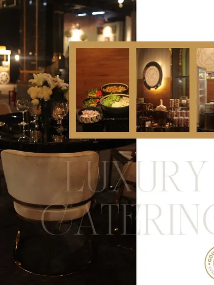 A collage showing different angles of our luxury catering setup, from table settings to buffet displays.