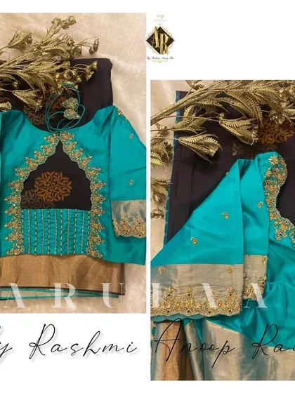 A teal blouse with a unique back design featuring a sheer panel and intricate embroidery. This blouse was designed for a client in the USA.