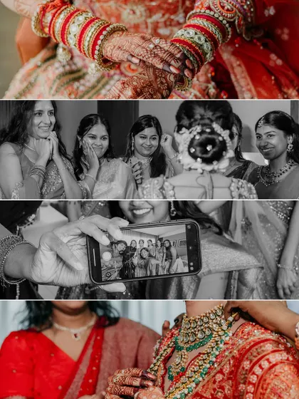 A collage of candid moments with the bride and her bridesmaids, capturing their excitement and a fun selfie moment.
