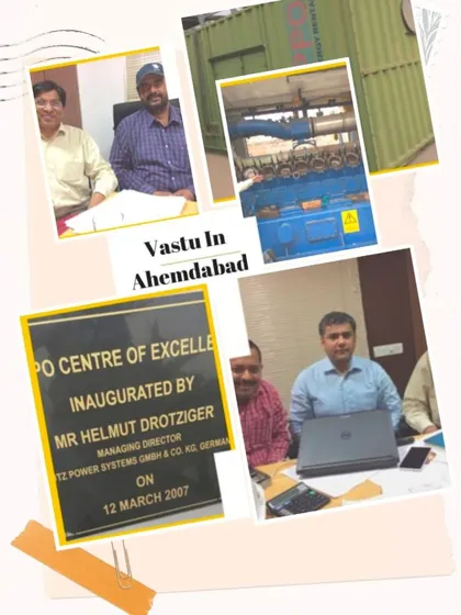 A collage of our Vaastu consultation and solution for a company in Ahmedabad. We provide tailored guidance to businesses across India, helping them achieve their goals through scientific Vaastu.