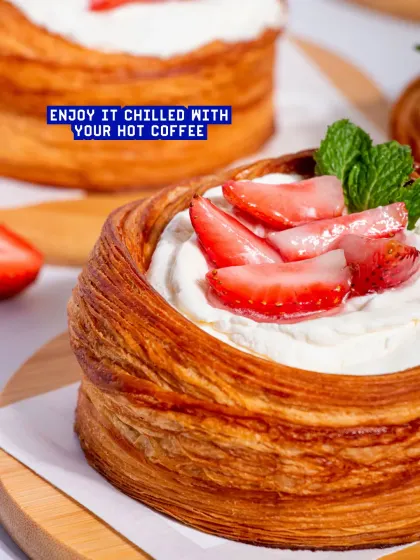 My Strawberries and Cream Danish is made with flaky croissant pastry, filled with mascarpone cream and fresh strawberries. It's best enjoyed chilled with a hot coffee.