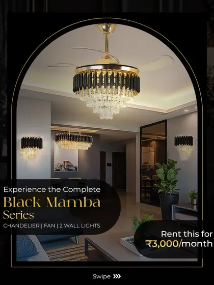 Get a complete, professionally curated look for your living space by renting a full lighting suite. The Black Mamba series, including a chandelier, a chandelier fan, and two matching wall lights, provides a cohesive and sophisticated aesthetic.