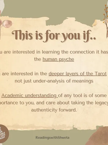 This course is also perfect if you're interested in the connection between Tarot and the human psyche. We explore the deeper layers of meaning, emphasizing an academic understanding to carry forward a legacy of authenticity.