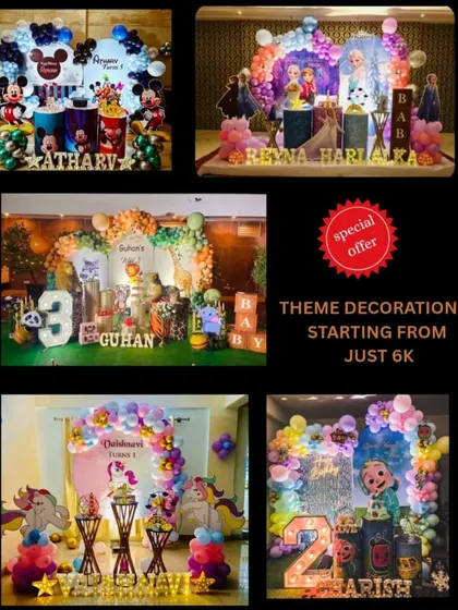 For just 6k to 8k, you can get one of our fantastic themed decor packages. This offer includes popular themes like Jungle, Cocomelon, and Frozen, as shown in this collage.