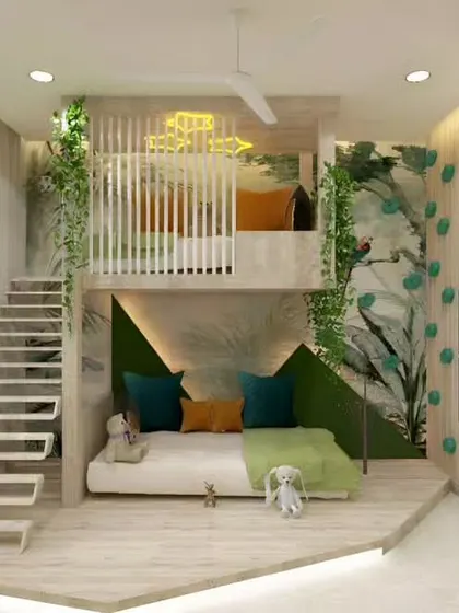 An adventurous kid's room featuring a loft bed, a staircase, and even a small climbing wall. We used natural wood tones and green accents to bring a sense of the outdoors inside.